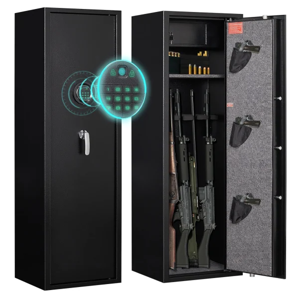 Foorsun Biometric Fingerprint Long Gun Safe, 4~5 Gun Cabinets for Rifles and Shotguns, Long Gun Cabinet for Home with Adjustable Support Frame, Ammo Storage Box and Pistol Bag - MadeInUSA