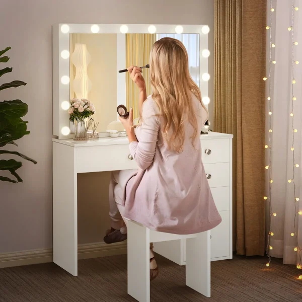 RichYa Modern Vanity Desk Makeup Table with Large LED Mirror and Power Outlet with 2 Sliding Storage White Marble - MadeInUSA - Image 6