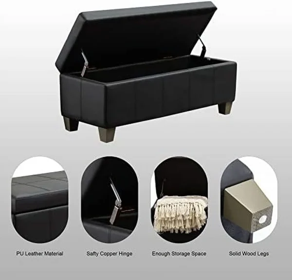 ZWNLKQG Ottoman Premium Leather Bench with Lift-up Lid Safety Hinge Multi-Functional  Space for Bedroom and Living Room  Black - MadeInUSA - Image 4