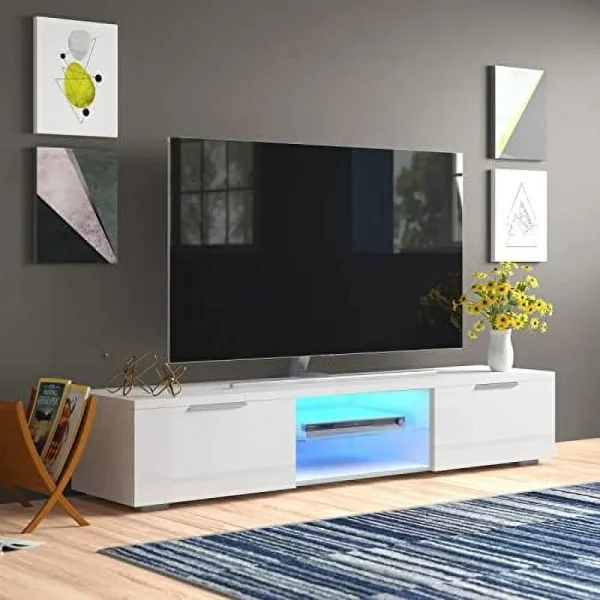 TQNLKGZ White LED TV Stand for Living Room  65 Inch Modern Television Stand  Entertainment Center Media Console with  Bookshelves - MadeInUSA