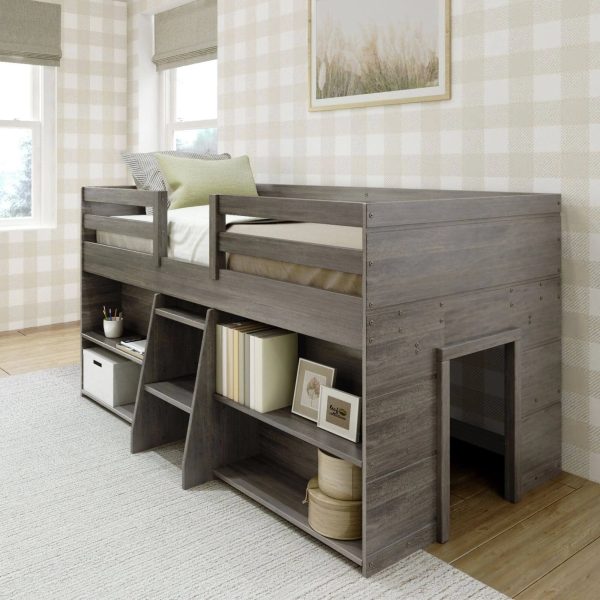 Max & Lily Modern Farmhouse Low Loft Bed, Twin Bed Frame for Kids with 2 Bookcases, White Wash - MadeInUSA - Image 4