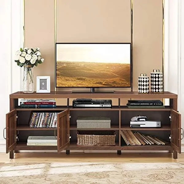 TQNLKGZ Mid-Century Modern TV Stand   Style TV Entertainment Center  TV Console Table w/3 Rattan Doors  Open   Interior Adjustable  Shelves  for TVs up to 65 Inches  Grey Oak - MadeInUSA - Image 3