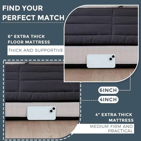 LILIUPENG 6 Extra Thick Floor Futon Mattress, Foldable Mattress Tatami Pad Floor Mattress for Adults Floor Bed Roll Up Mattress Guest Mattress, Black, Twin - MadeInUSA - Image 2
