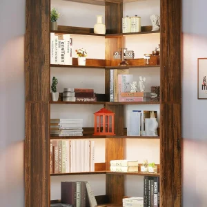 6 Tier Corner Bookshelf with LED, 71" Tall Industrial Etagere Bookcase with Display Shelves for Home Office, L Shaped Bookshelf with Storage Corner Shelf for Living Room, Rustic Brown - MadeInUSA