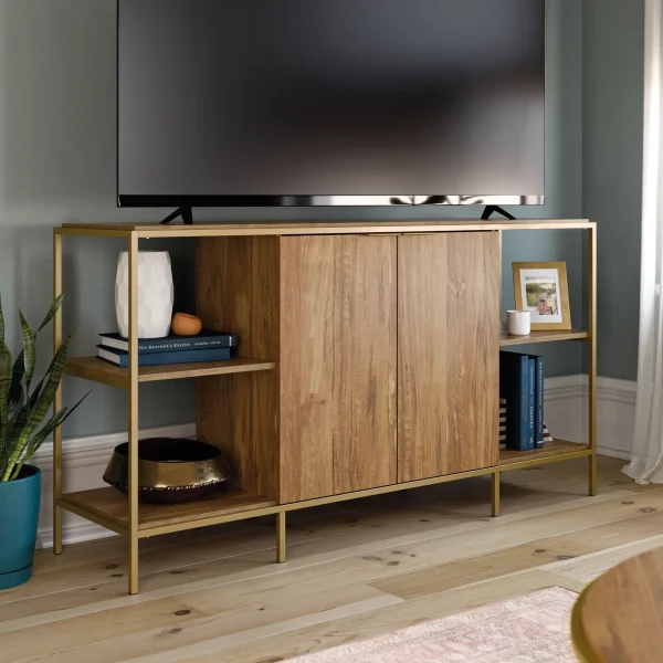 Sauder International Lux Modern TV Stand, for TVs up to 65", Sindoori Mango Finish - MadeInUSA