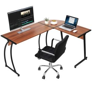 HomGarden LShaped Computer Desk 58a Reversible MDF Corner Gaming Desk, Walnut - MadeInUSA