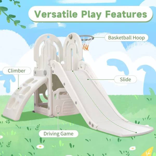 Toddler Slide and Climb Set, 4 in 1 Kids Climber Slide with Basketball Hoop and Storage Space, Freestanding Combination Slide with Armrest for Children Teens Boys Girls - MadeInUSA - Image 2
