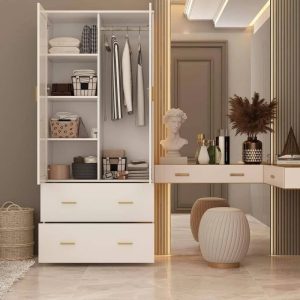 White 2-Door Armoires with Mirror, Hanging Rod, 2-Drawers and Storage - MadeInUSA