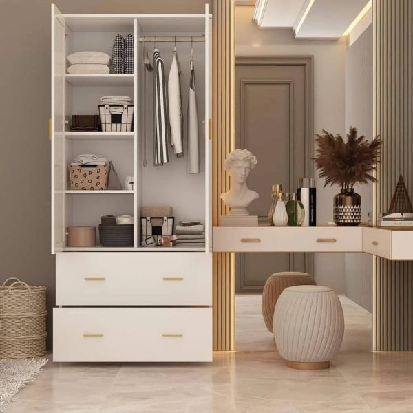 White 2-Door Armoires with Mirror, Hanging Rod, 2-Drawers and Storage - MadeInUSA