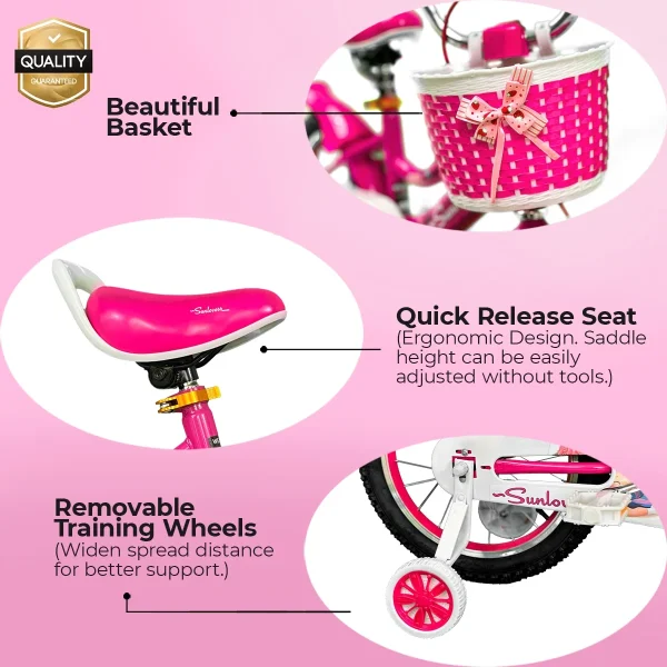 SUNLOVERR Pink Dreams Girls Bike for Toddlers and Kids Ages 4-6 Years Old, 14 Inch Kids Bike with Training Wheels & Basket - MadeInUSA - Image 6
