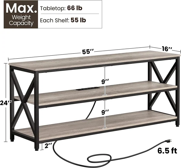 TV Stand for TV up to 65 inch, Media Entertainment Center with Power Outlets & 3 Tier Storage Shelves, 55 Inches TV Console Table for Living Room, Bedroom, Gray - MadeInUSA - Image 5