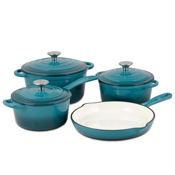 Basque Enameled Cast Iron Nonstick Cookware 7 Piece Set Biscay Blue - MadeInUSA