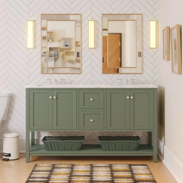 Binne 60" Double Bathroom Vanity Set Three Posts Base Finish: Sage Green, Top Finish: Engineered Carrara - MadeInUSA - Image 2