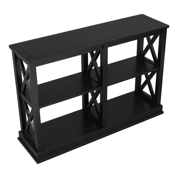 Chic and Elegant Modern Black Console Table  Perfect for Small Spaces  Features Stylish "X" Legs and 3-Tier Open Storage Shelves for Organized Living Room  Entryway  or Hallway Decor. - MadeInUSA - Image 4