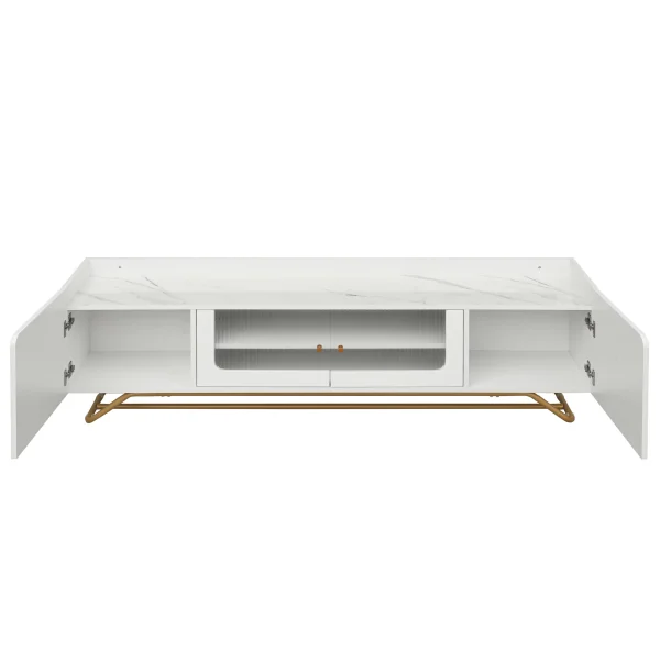 Sleek Design TV Stand with Fluted Glass, Contemporary Entertainment Center for TVs Up to 65", Faux Marble Top TV Console Table with Gold Frame Base, White - MadeInUSA - Image 9