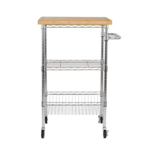 Style Selections Chrome Steel Base with Wood Top Rolling Kitchen Cart 24in x 19.7in x 38in - MadeInUSA