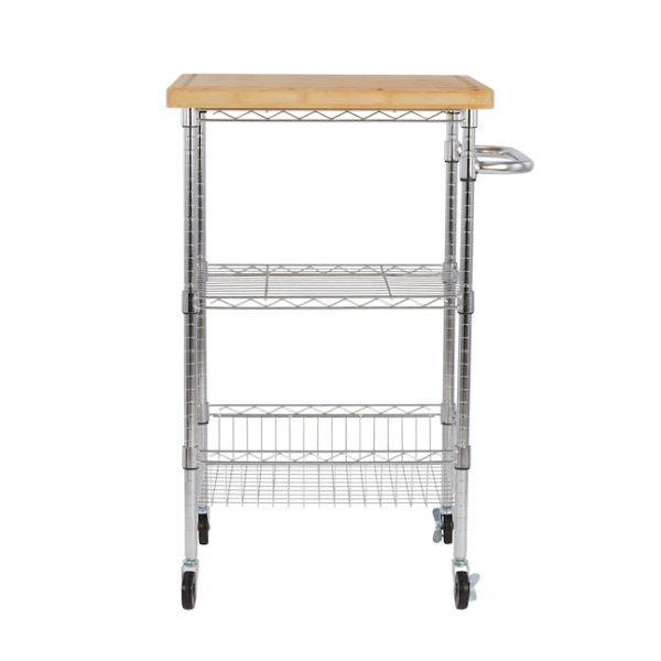 Style Selections Chrome Steel Base with Wood Top Rolling Kitchen Cart 24in x 19.7in x 38in - MadeInUSA