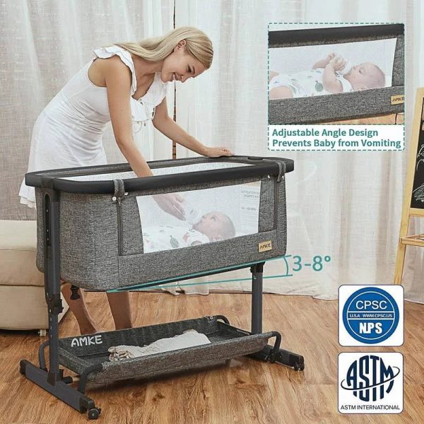 AMKE 3 in 1 Baby Bassinets,Bedside Sleeper for Baby,Baby Cradle with Storage Basket, Easy to Assemble Bassinet for Newborn/Infant, Adjustable - MadeInUSA - Image 2