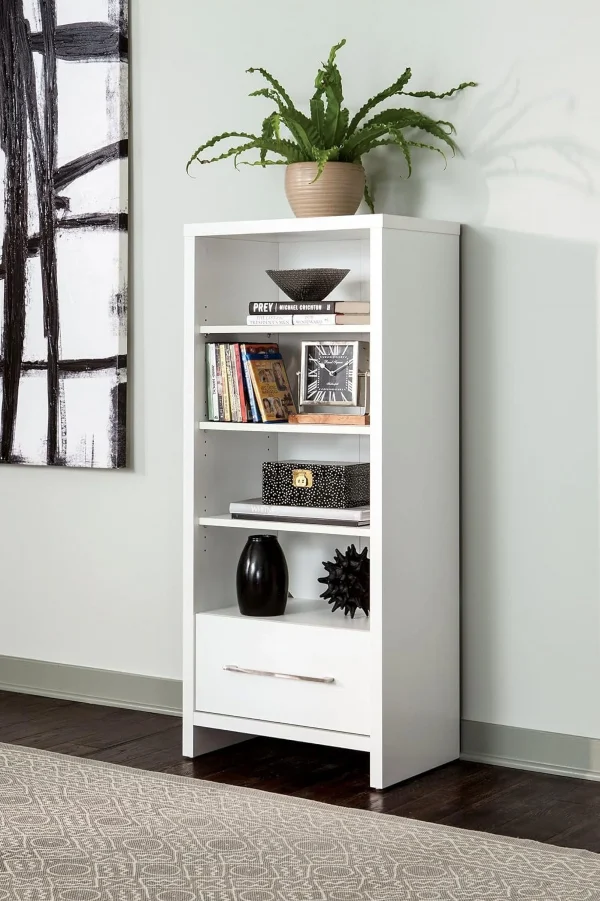 1651 Media Storage Tower Bookcase With Drawer, White - MadeInUSA - Image 2