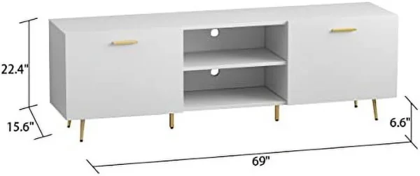 ZWNLKQG FUFU&amp;GAGA TV Stand for TV up to 65"  Modern Wood Universal Media Console with Metal Legs  2  Cabinets &amp; 2 Open Shelves  Home Living Room  Entertainment Center (White-G - MadeInUSA - Image 6