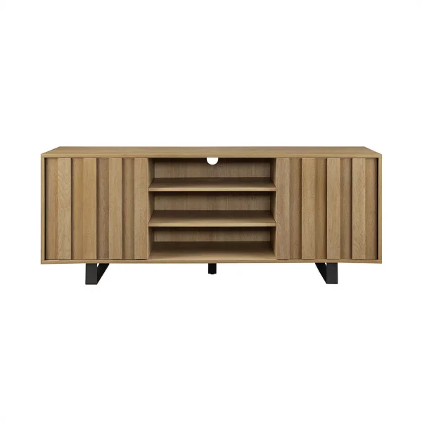 Pemberly Row 60"Modern Wood TV Cabinet with Paneled Doors - Oak / Black - MadeInUSA - Image 2