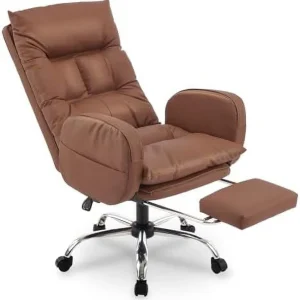 GEROBOOM Home Office Chair with Footrest  High-Back PU Leather Computer Desk Chair  Executive Rolling Swivel Chairs with Leg  and Double Thick Cushion  White Office Chair (Cream White) - MadeInUSA