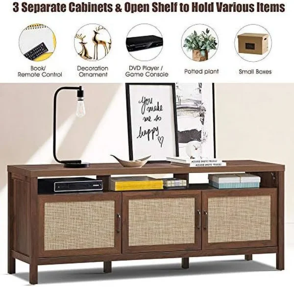 TQNLKGZ Mid-Century Modern TV Stand   Style TV Entertainment Center  TV Console Table w/3 Rattan Doors  Open   Interior Adjustable  Shelves  for TVs up to 65 Inches  Grey Oak - MadeInUSA - Image 8