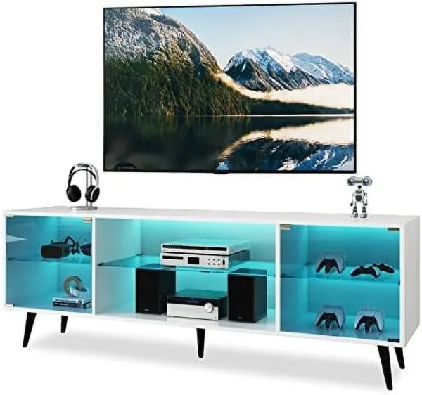 NLTBONNIE 70 Inch LED TV Stand for 75 Inch TV  Modern Entertainment Center with LED Light  High Gloss White TV Console Table with  Cabinets and Open Shelves for Living Room  Bedroom - MadeInUSA - Image 9