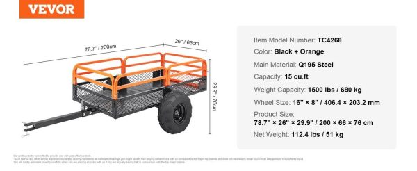 VEVOR Heavy Duty Steel ATV Dump Trailer, 1500-Pound Load Capacity 15 Cubic Feet, Tow Behind Dump Cart Garden Trailer, with Removable Sides and 2 - MadeInUSA - Image 6