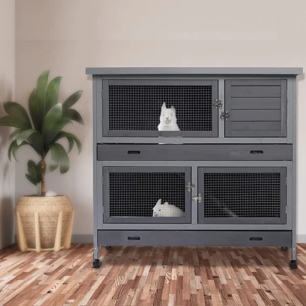 Rabbit Hutch Indoor&Outdoor with Wheels/2.6 Deep Plastic Trays/Chew Proof/Ramp, Large Cage for Guinea Pigs/Bunny with 2 Floors Separable&4 Lockable Doors, Weatherproof, Grey, 41.3 L*17.3 W*41.3 H - MadeInUSA - Image 2