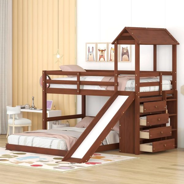 Euroco Twin Over Full House Bunk Bed with Slide and Functional Cabinet, Moveable Lower Full Bed for Kids Teens Adults, Storeage Shelf and 4 Big - MadeInUSA - Image 2