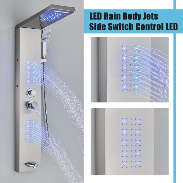 Zovajonia LED Shower Panel Tower System, 6-Functions Stainless Steel Shower Tower Waterfall ShowerheadShower Jets, Rain Shower System Brushed Nickel - MadeInUSA - Image 4