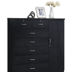 Hodedah 7 Drawer Chest with Locks on 2 Drawers and 1 Door in Black Wood - HI71DR Black - MadeInUSA