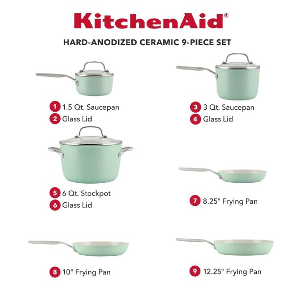KitchenAid Hard Anodized Ceramic Nonstick Cookware Set 9 Piece - Pistachio - MadeInUSA - Image 4