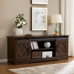 59"Farmhouse TV Stand Modern Sliding Barn Door Entertainment Center for TVs Up to 65 inch, Wood TV Media Console Table Cabinet Storage for Living Room, Rustic Brown - MadeInUSA