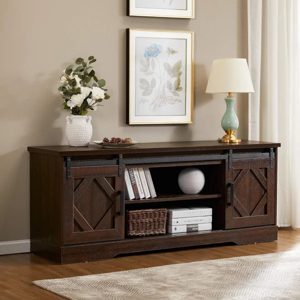 59"Farmhouse TV Stand Modern Sliding Barn Door Entertainment Center for TVs Up to 65 inch, Wood TV Media Console Table Cabinet Storage for Living Room, Rustic Brown - MadeInUSA