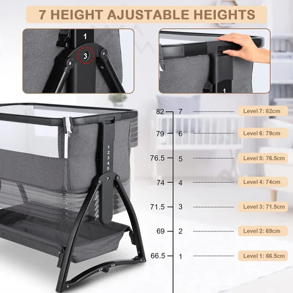 Adnoom Baby Bassinet Bedside Sleeper, Baby Bed to Babies Cradle, Adjustable 7-Level Height Portable Bed for Newborn/ Infant/ Baby Boy/ Baby Girl (Light Gray) - MadeInUSA - Image 6