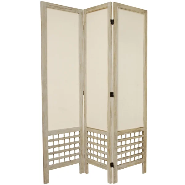 5 1/2 ft. Tall Wood Frame Fabric Panel Screen Room Divider - Burnt White - 3 Panel - MadeInUSA