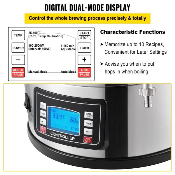 VEVOR Electric Brewing System 9.2 Gal/35 L Brewing Pot All-in-One Home Beer Brewer w/Pump - 9.6Gal - MadeInUSA - Image 2