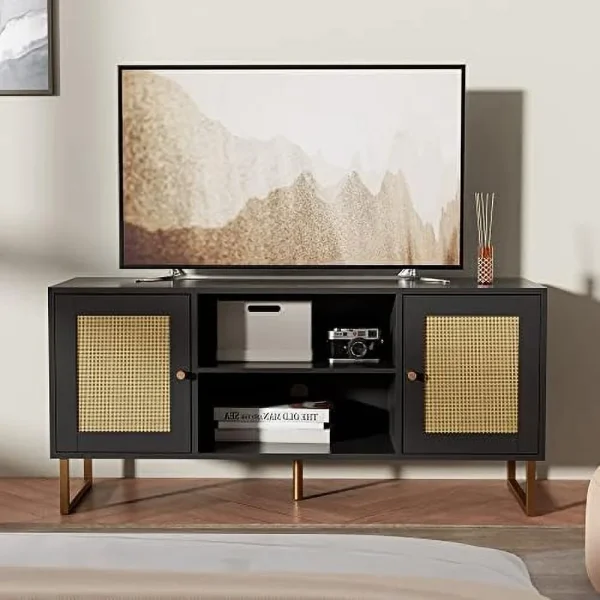 TQNLKGZ Rattan TV Stand for 50/55 inch TV  Entertainment Center with Golden Legs and Metals  Modern TV Console Table with Adjustable Shelves  TV Media Console for Living Room  Bedroom  Bl - MadeInUSA - Image 6