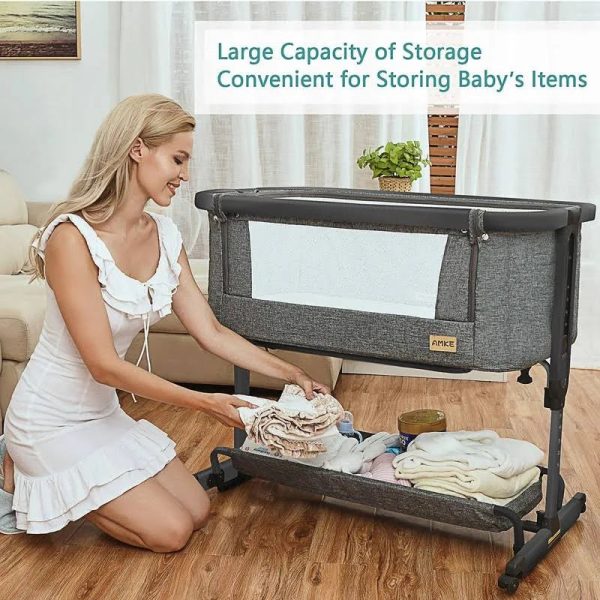 AMKE 3 in 1 Baby Bassinets,Bedside Sleeper for Baby,Baby Cradle with Storage Basket, Easy to Assemble Bassinet for Newborn/Infant, Adjustable - MadeInUSA - Image 5