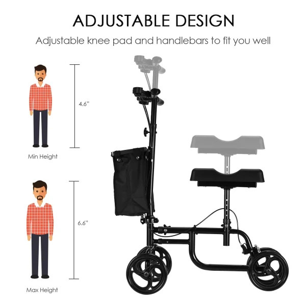 Naipo Steerable Knee Walker Economy Knee Scooter with Dual Braking System & Storage Basket, Crutch Alternative for Foot Injuries, Black - MadeInUSA - Image 7