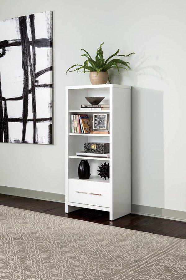 1651 Media Storage Tower Bookcase With Drawer, White - MadeInUSA - Image 3