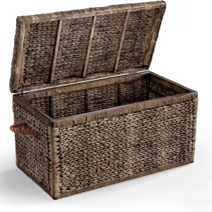 Click365 Storage Trunk, Farmhouse Style, Extra Large (33"), Deep, Woven Wicker Chest With Metal Frame, 2 Handles, Flip Top Lid and Stay Open Safety Hinges, Sustainable Eco Material, Rustic Brown - MadeInUSA