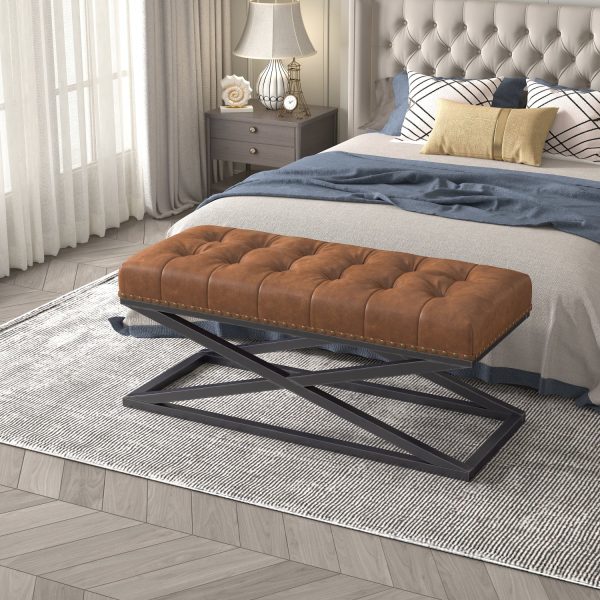 Elegant Vintage Vegan Leather Bench in Stylish Brown with Sturdy Stainless Steel Base - Ideal Furniture Piece for Enhancing Your Living Room Decor - MadeInUSA - Image 3