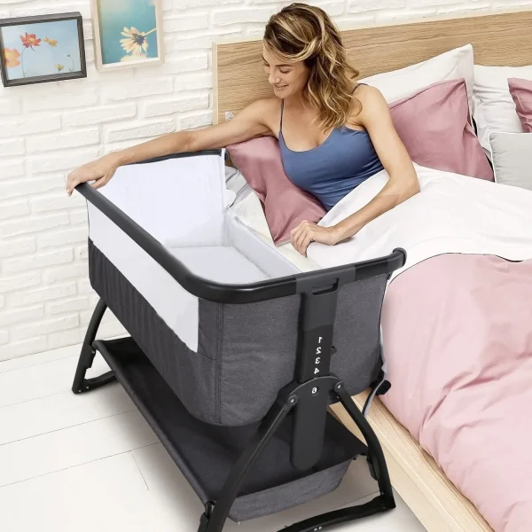 Adnoom Baby Bassinet Bedside Sleeper, Baby Bed to Babies Cradle, Adjustable 7-Level Height Portable Bed for Newborn/ Infant/ Baby Boy/ Baby Girl (Light Gray) - MadeInUSA