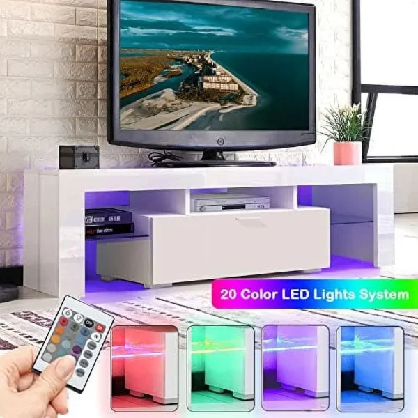JYHOME TV Stand for 55+ 60 inch Tvs - White Morden TV Stand with LED Lights  High Glossy Entertainment Center with  Cabinet  LED Media Console Table Cabinet Desk for Living Room - MadeInUSA - Image 2