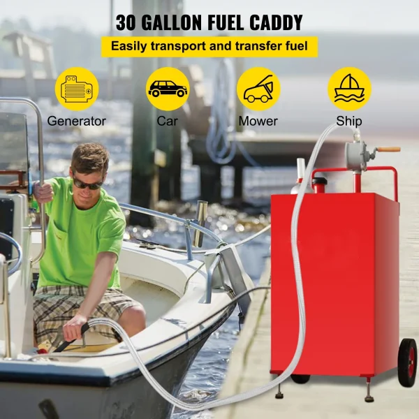 SKYSHALO Fuel Storage Tank on 2 Wheels, 30 Gallon Fuel Caddy, Portable Gas Caddy with Manuel Transfer Pump, Gasoline Diesel Fuel Container For Cars, Boats Red - MadeInUSA - Image 2
