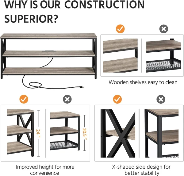 TV Stand for TV up to 65 inch, Media Entertainment Center with Power Outlets & 3 Tier Storage Shelves, 55 Inches TV Console Table for Living Room, Bedroom, Gray - MadeInUSA - Image 8