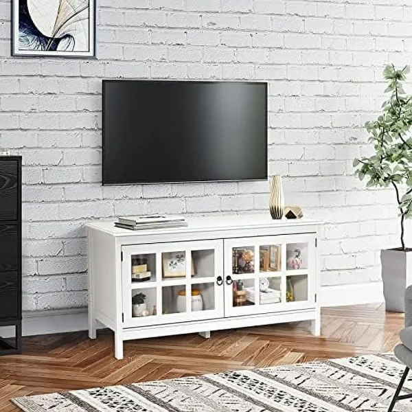 NLTBONNIE TV Stand Cabinet  Modern Wood Large Wide Entertainment Center for TV up to 50"  Living Room Media Console Cabinet Stand with 2 Doors (White) - MadeInUSA - Image 3